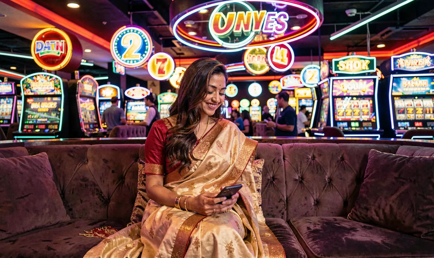 Confident Bangladeshi woman using the 19OK casino app on her phone in a stylish neon gaming environment with glowing symbols