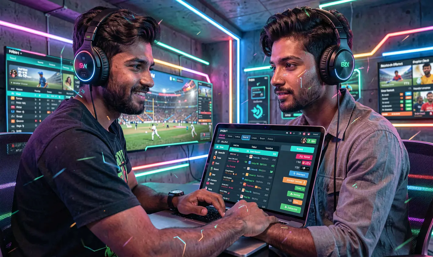 Focused Bangladeshi bettor analyzing live cricket odds on a laptop with neon visuals while using the 19OK betting platform