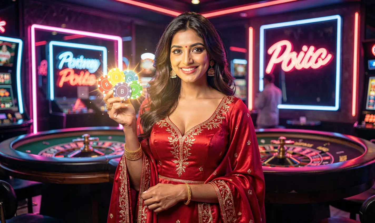 Elegant casino style scene with a beautiful woman in a red dress holding glowing chips showcasing the premium gaming atmosphere of 19OK Casino in Bangladesh