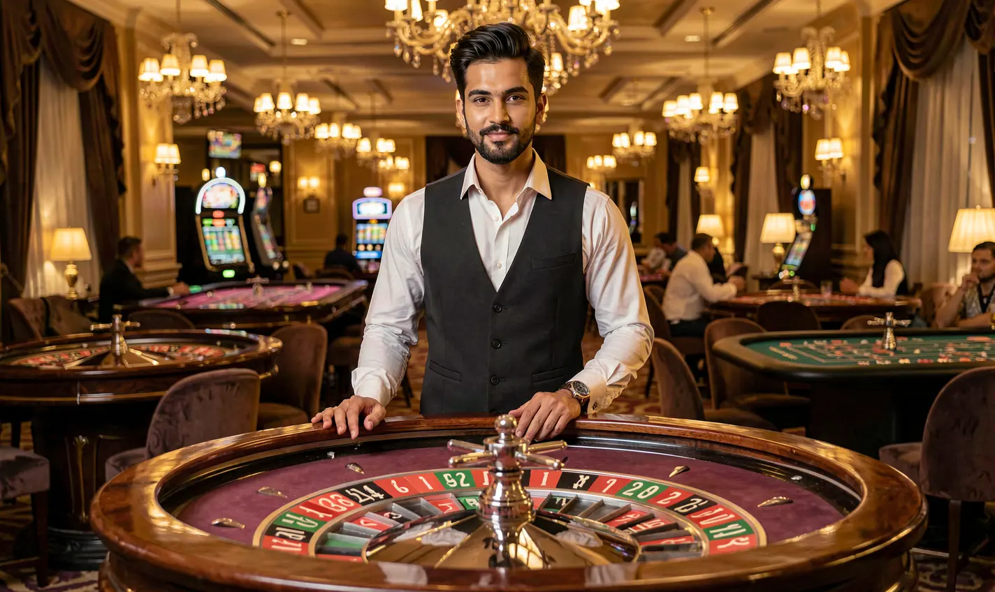 Confident casino dealer standing at a glowing roulette table inside a luxury casino atmosphere representing the premium live casino experience offered by 19OK in Bangladesh