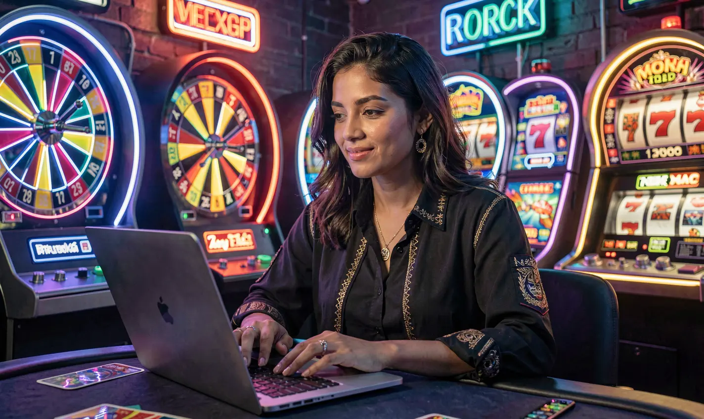 Stylish Bangladeshi woman enjoying online casino games on a laptop with vibrant neon roulette wheels behind her at 19OK casino