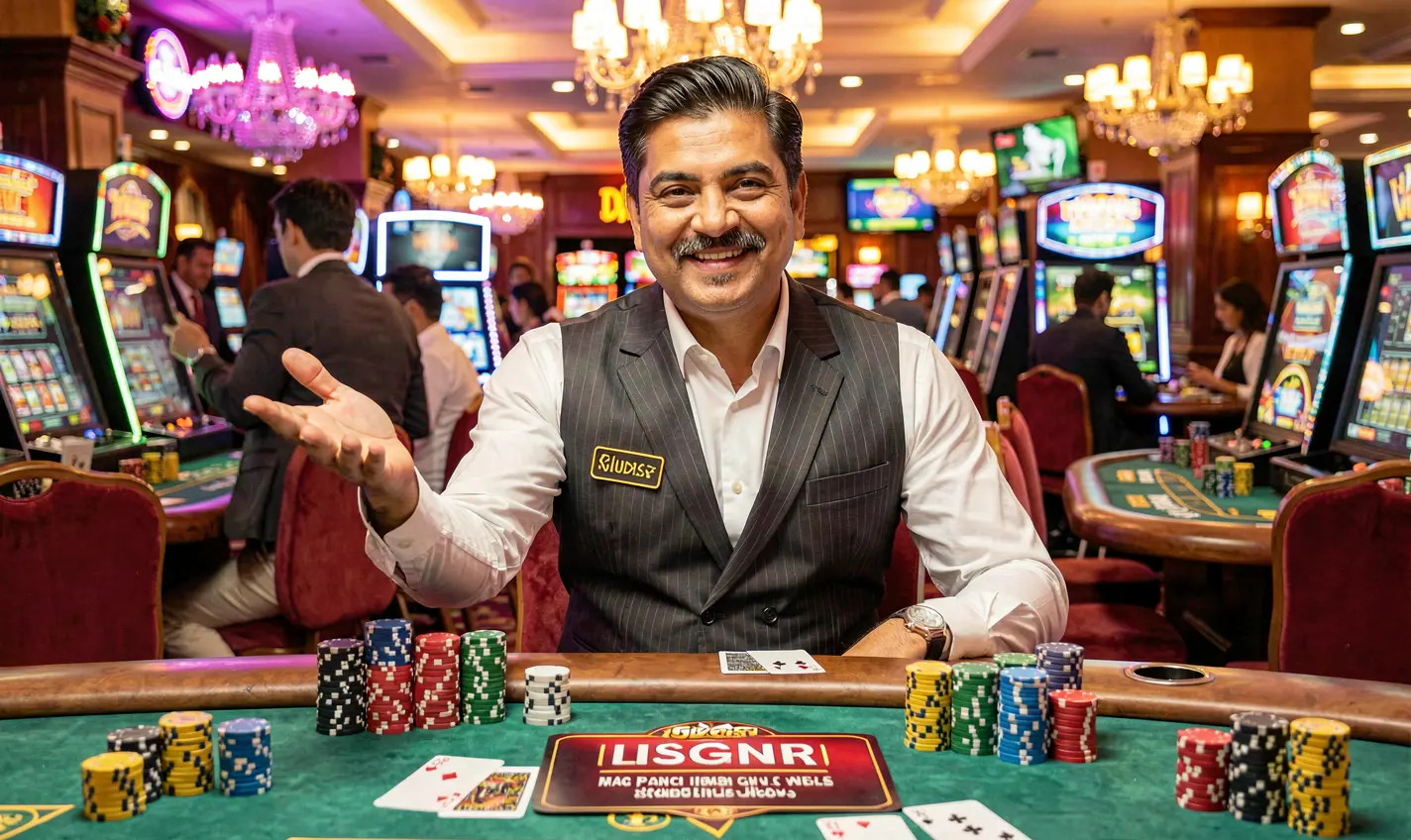 Elegant Bangladeshi casino dealer inviting players to join a live table with cards and chips on the 19OK platform