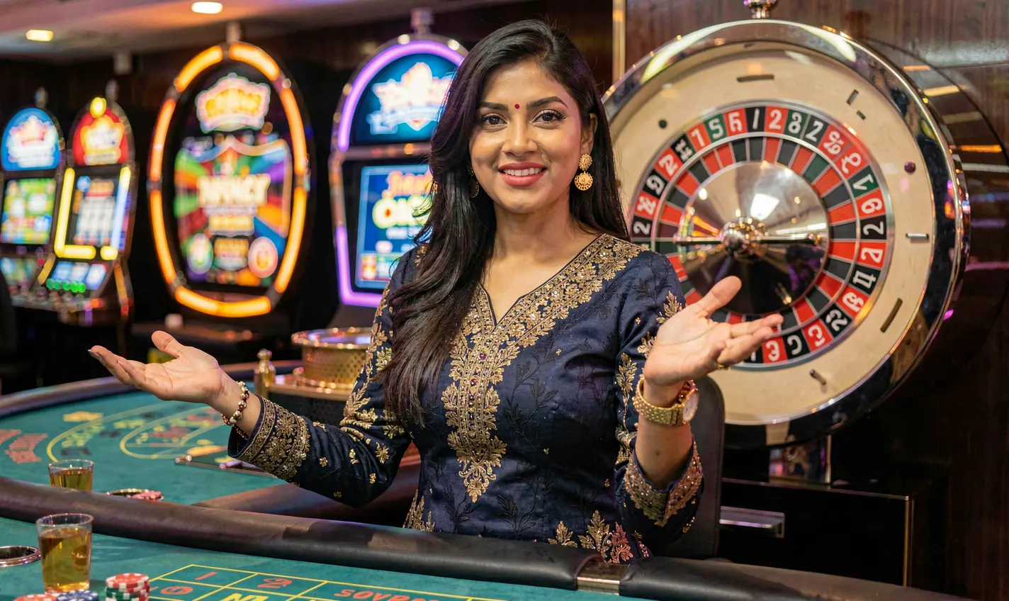 Confident casino dealer in a red dress presenting live roulette action at 19OK, creating an immersive casino experience for players in Bangladesh