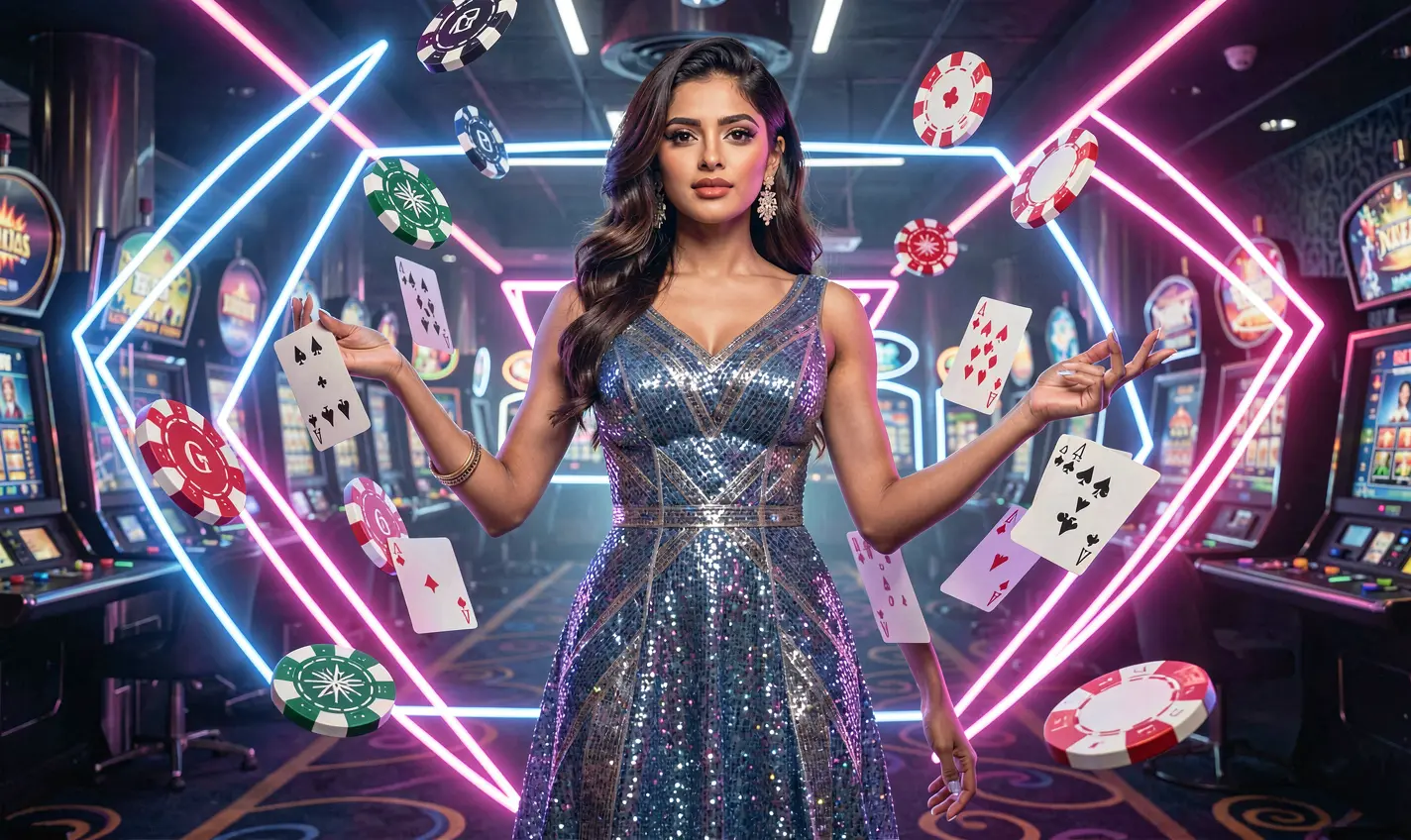 Stylish casino atmosphere with a glamorous woman near slot machines and floating chips highlighting the immersive gaming world of 19OK Casino in Bangladesh