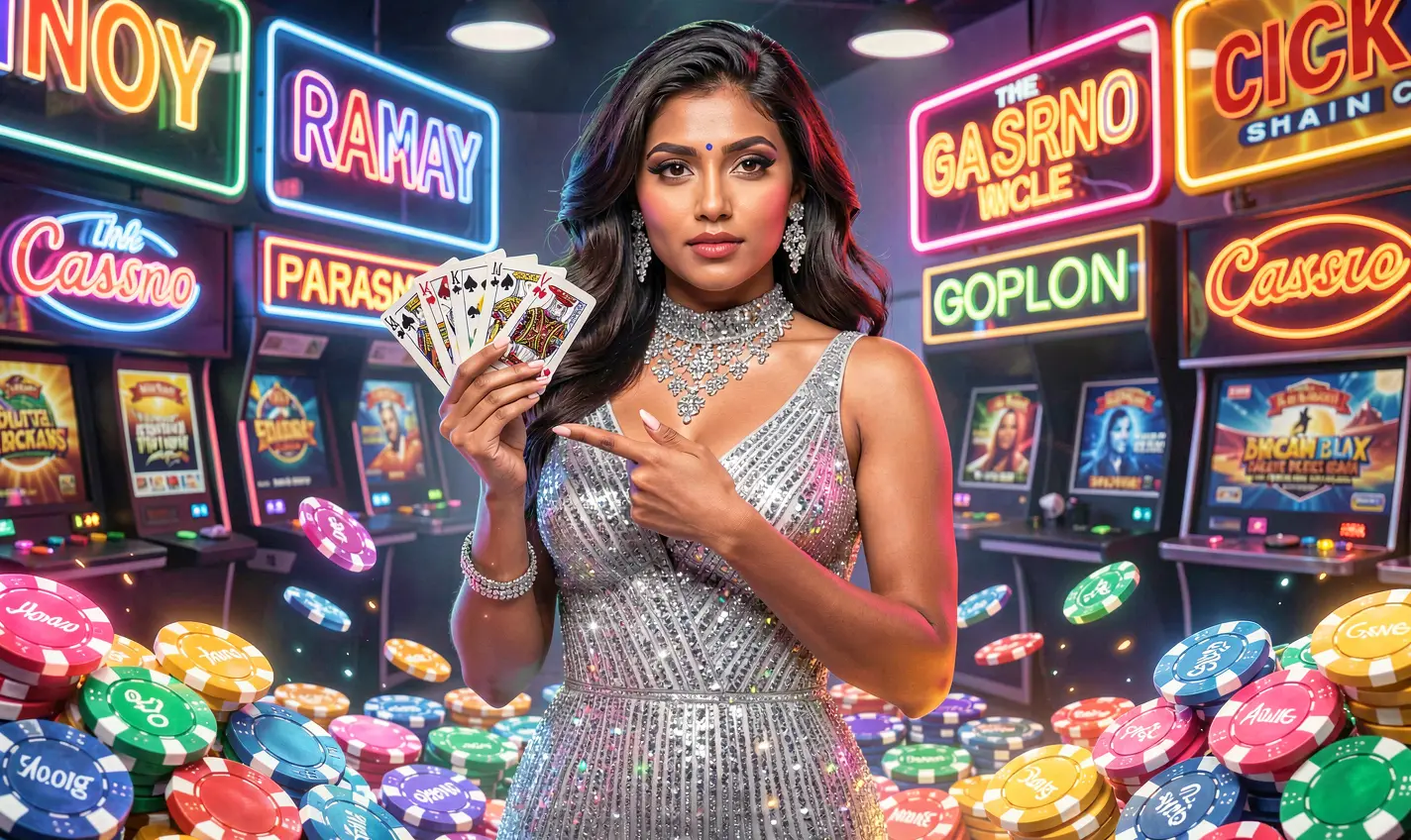 Elegant casino atmosphere with a glamorous woman holding playing cards and stacked chips showcasing the premium gaming experience at 19OK Casino for Bangladeshi players