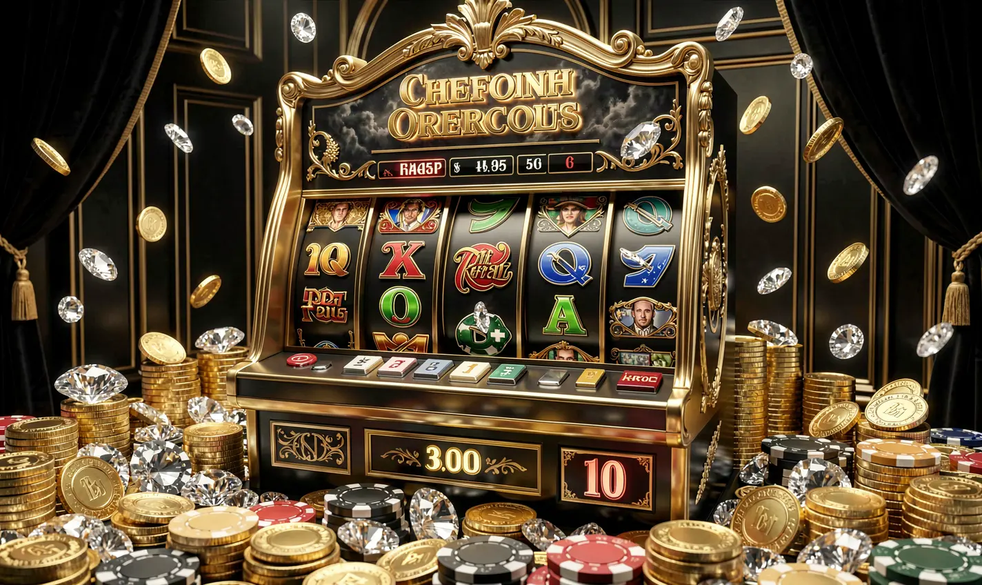 Elegant black and gold slot machine with triple sevens and flying coins representing high reward gameplay at 19OK online casino for players in Bangladesh